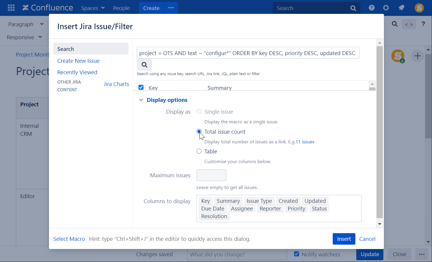 total issue count in confluence 