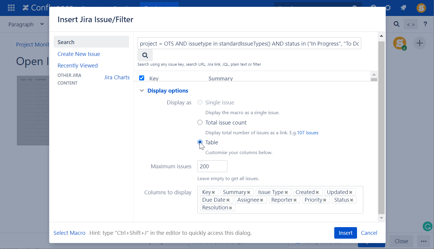 insert jira filter in confluence 